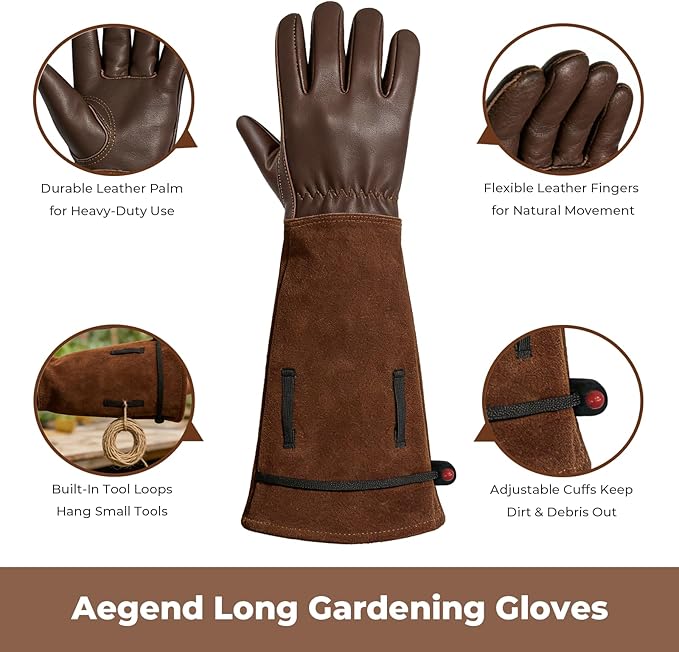 Aegend Women’s Garden Gloves, Long Elbow Cuff Adjustable Strap, Sun & Dirt Protection, Cowhide Leather, Breathable Comfortable for Gardening, Fit Small Hands for Gardeners (Brown, S)
