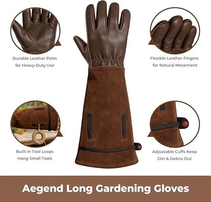 Aegend Gardening Gloves Men, Long Elbow Cuff with Adjustable Strap, Sun & Dirt Protection, Cowhide Leather, Breathable & Comfortable Yard Work, Fit Large Hands for Gardeners (Brown, XL)