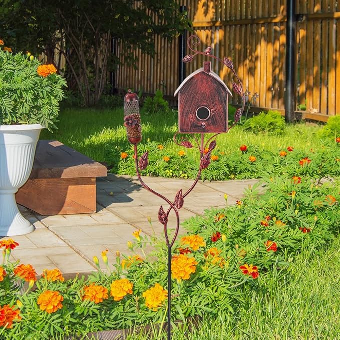 49" Bird Houses for Outside with Pole, Outdoor Metal Birdhouse with Mesh Feeder for Patio, Yard, Garden, Reddish Brown