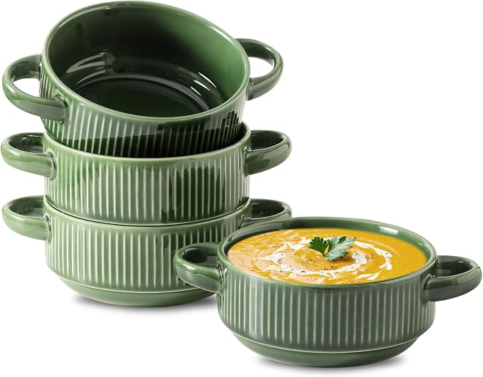 Soup Bowls with Handles, 23 oz French Onion Soup Crocks, Stackable Soup Bowl Oven Safe for Chili, Beef Stew, Embossment Ceramic Bowl Set - 5.4 Inch, Set of 4 (Green)