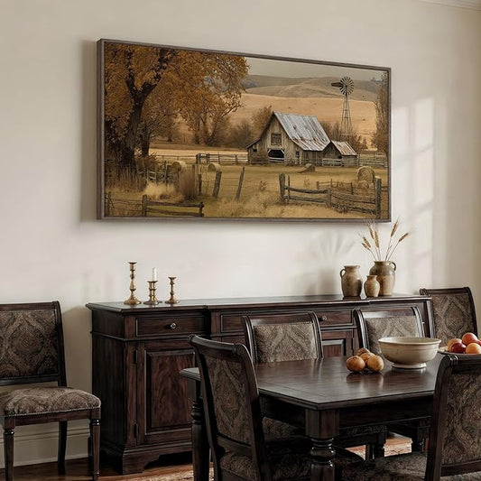 Large Framed Vintage Landscape Canvas Wall Art for Living Room, Retro Rustic Horizontal Paintings Prints, Neutral Country Barn Pictures for Bedroom Dining Room Hallway Entryway Wall Decor 60x30 Inch