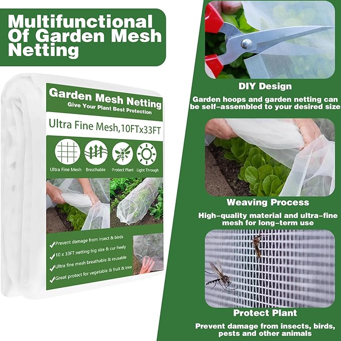 Garden Mesh Netting Kit, 10x33FT Ultra Fine Mesh Netting with 6 Sets Fiberglass Garden Hoops & 12 Clips for Tree Fruit Barrier Vegetable Fruits Flowers Shrubs Plant Covers Net