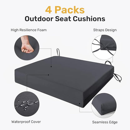 UNIKOME Outdoor Chair Cushions Pack of 4, Water Resistant Patio Cushions with Ties, High Density Sponge Filling Square Corner Seat Cushions for Outdoor Furniture, 24"*24"*4", Grey