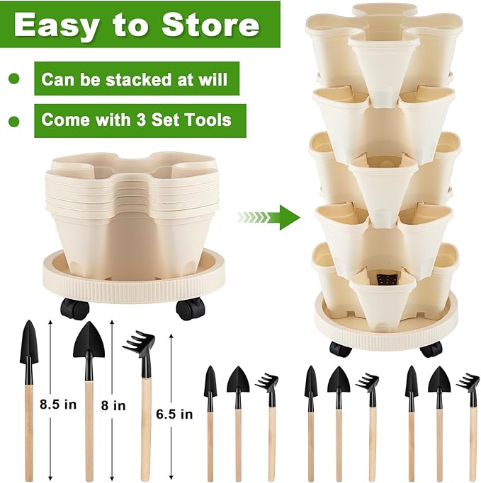 Nitial 3 Set 5 Tier Vertical Garden Planter Stackable Planters with Tray and Planting Tools Accessories for Indoor Outdoor Strawberries Herbs Peppers Flowers and Succulents
