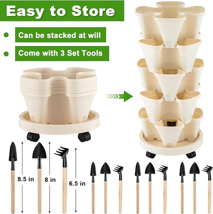 Nitial 3 Set 5 Tier Vertical Garden Planter Stackable Planters with Tray and Planting Tools Accessories for Indoor Outdoor Strawberries Herbs Peppers Flowers and Succulents