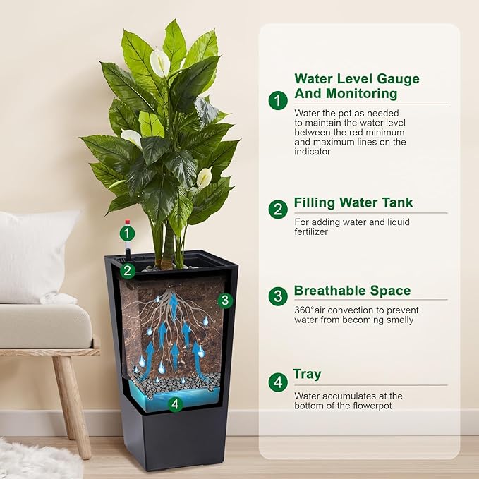 2 Pack Tall Self-Watering Planter Pots with Water Level Indicator, 12"l x 12"w x 22.5"h, Modern Flower Pots with Inner Bucket Handles and Water Injection Port for Indoor Outdoor Plants, Black