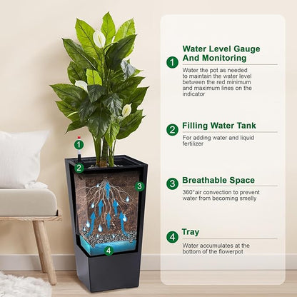 2 Pack Tall Self-Watering Planter Pots with Water Level Indicator, 12"l x 12"w x 22.5"h, Modern Flower Pots with Inner Bucket Handles and Water Injection Port for Indoor Outdoor Plants, Black