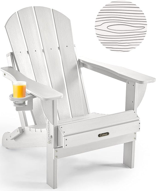 Ciokea Folding Adirondack Chair Wood Texture, Patio Adirondack Chair Weather Resistant, Plastic Fire Pit Chair with Cup Holder, Lawn Chair for Outdoor Porch Garden Backyard Deck (White)