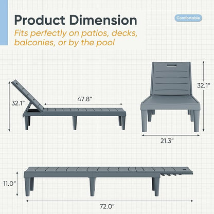 Greesum Outdoor Chaise Lounge Chairs Set of 2 with 5-Position Adjustable Backrest, Waterproof PP Sun Chaise Loungers for Garden Pool Beach Patio Deck Sunbathing, Grey
