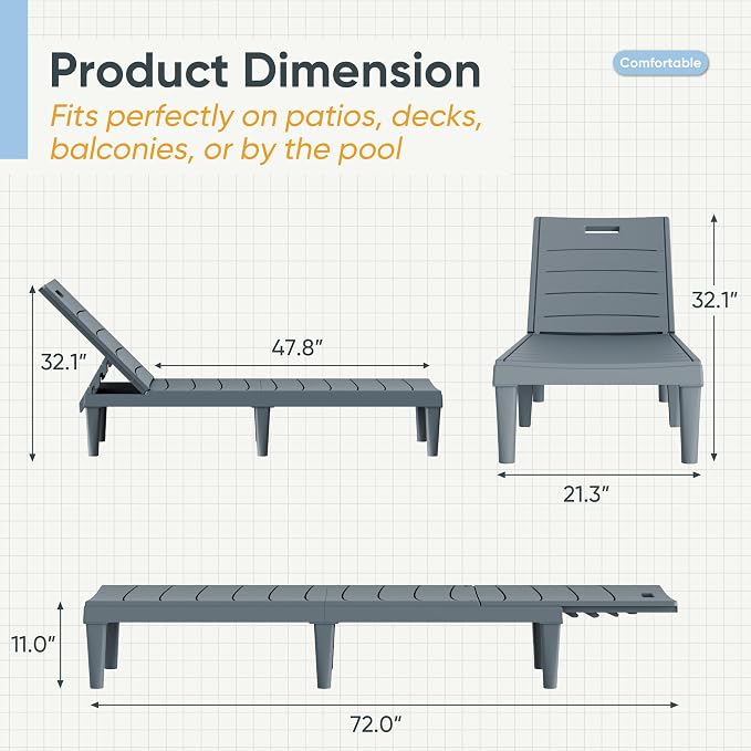 Greesum Outdoor Chaise Lounge Chairs Set of 4 with 5-Position Adjustable Backrest, Waterproof PP Sun Loungers for Garden Pool Beach Patio Deck Sunbathing, Grey