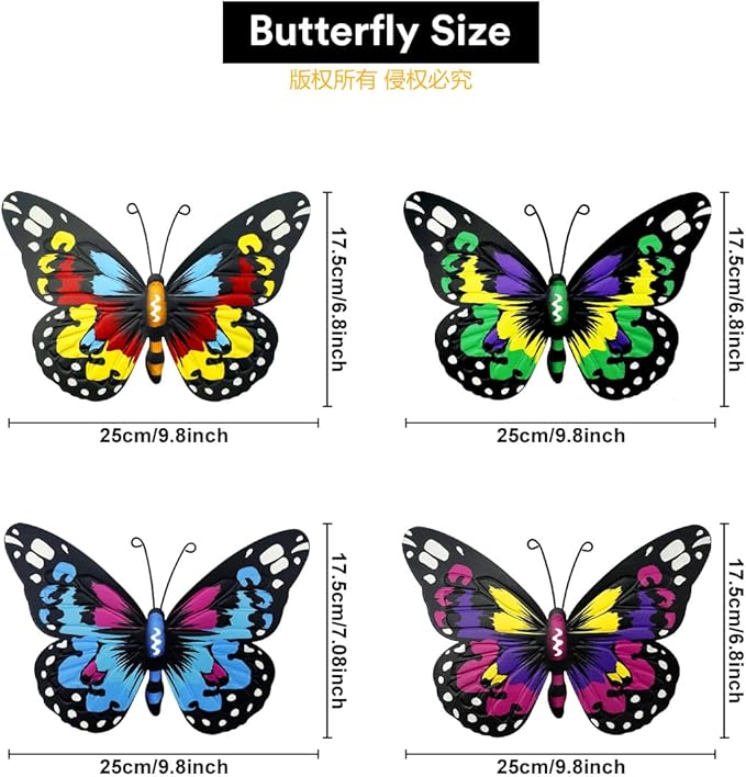 Metal Butterfly Wall Art Outdoor Decor - 4 Pack 9.8in Butterflies Wall Sculpture Hanging Decor for Home Yard Patio Garden Decoration (4 Colors)