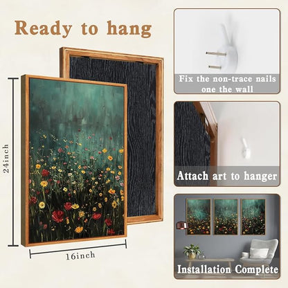 Anyzal Large Dark Moody Wildflowers Framed Wall Art 16x24 Inch Green Watercolor Floral Landscape Canvas Wall Decor Modern Botanical Prints for Living Room Bedroom Office Set of 3