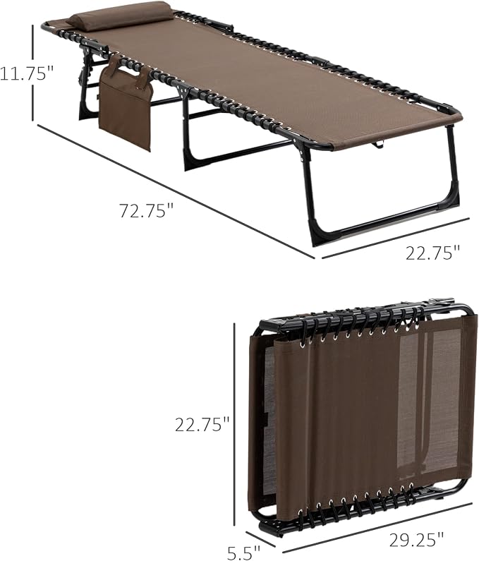 Outdoor Lounge Chair, Tanning Chair with Sunshade Roof, Adjustable Backrest Folding Chaise Lounge with Pillow Headrest for Outside, Beach, Camping, Hiking (No Sunshade Roof, Brown)