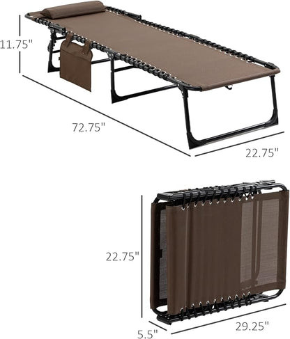 Outdoor Lounge Chair, Tanning Chair with Sunshade Roof, Adjustable Backrest Folding Chaise Lounge with Pillow Headrest for Outside, Beach, Camping, Hiking (No Sunshade Roof, Brown)