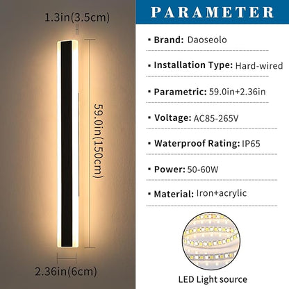 2 Pack Exterior Wall Light Fixture, 59inch Modern Outdoor Wall Sconce, IP65 Waterproof, 3000K Warm White, 55W Black Minimalist Outside LED Strip Lights for Garage, Patio, Balcony, Fence