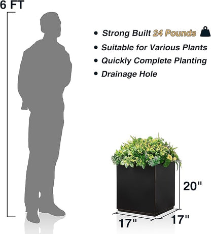 Wallowa Metallic Heavy Cube Planter Box, No Assembly Required, Seamless Large Black Outdoor Planter 17”Lx17”Wx20”H 24Pounds Black with Hand Brushed Gold Rim