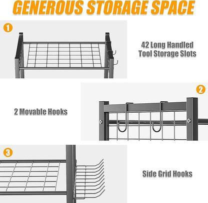 Ultrawall Garden Tool Organizer with Wheels, Yard Tool Storage Stand for Garage, Shed Tool Storage for Rake, Brooms, Tools Rolling Cart Indoor & Outdoor Use