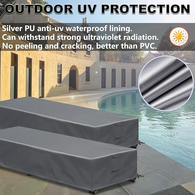 Waterproof Patio Lounge Chair Cover 4 Pack Outdoor Chaise Lounge Covers 600D Weather Resistant Material, UV Protection, Windproof Design Outside Furniture Covers 80" x 28" x 14" H, Grey