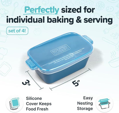 Souper Cubes Ceramic Baking Dishes - 5" x 3" Individual Baking Dishes for Oven with Silicone Lids, Oven, Microwave and Air Fryer Safe, Perfect for Reheating Single Serve Meals, Set of 4 - Blueberry