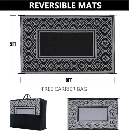 HUGEAR Outdoor Plastic Straw Rug, Waterproof Outdoor Rugs for Patios Clearance, Reversible Area Rug, Large Outside Carpet for Camping, Balcony, RV, Deck, Picnic, Beach (5x8ft Lantern/Black&Grey)