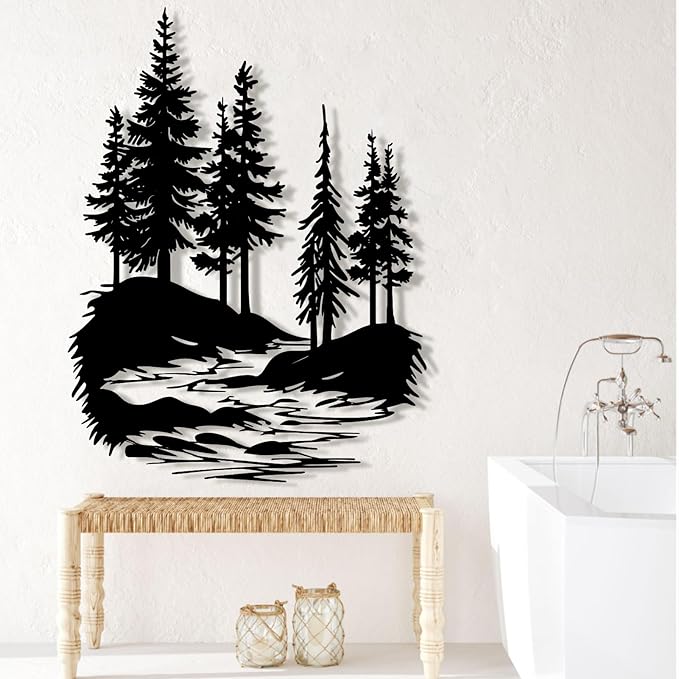 lunwall Metal Pine Tree Wall Art, Metal Forest Wall Art, Pine Branch Wall Decor, Christmas Tree Wall Decor, Forest Wall Hanging, Nature Lover Gift (Style 3, 35" H x 27" W / 90 x 68 cm)