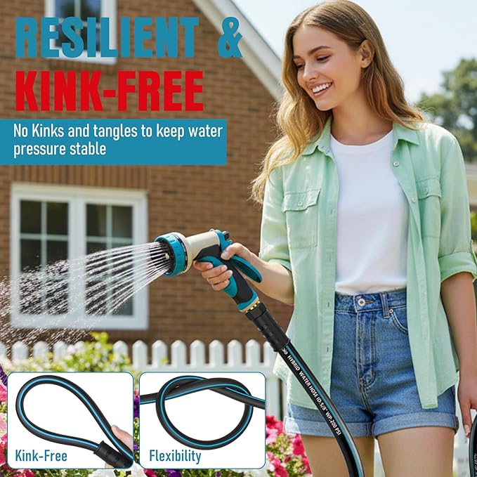 Heavy Duty Garden Hose 100ft, NON-EXPANDABLE Flexible Water Hose, Kink Resistant Lightweight Hybrid Hose, Leakproof Hose Male to Female Fittings