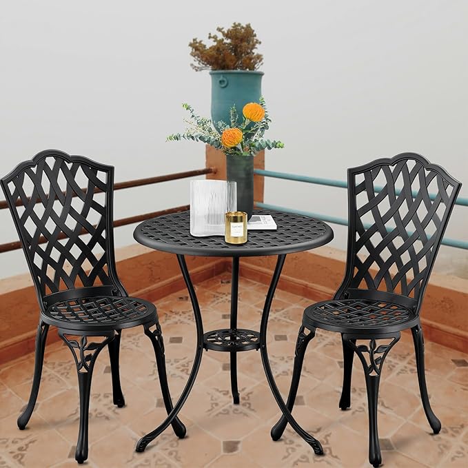 3-Piece Outdoor Bistro Set Cast Aluminum Patio bar Set with Umbrella Hole, Balcony, Backyard (Black, Grid)