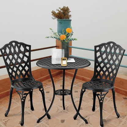 3-Piece Outdoor Bistro Set Cast Aluminum Patio bar Set with Umbrella Hole, Balcony, Backyard (Black, Grid)