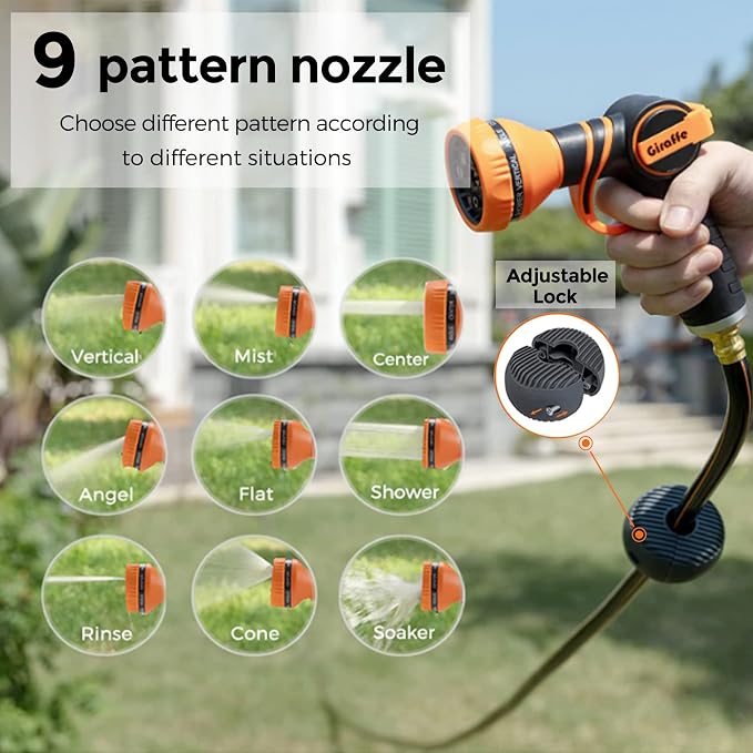 Giraffe Tools Retractable Hose Reel 1/2 in x130 FT PRO Metal Bracket Wall Mounted Heavy Duty Hose Reel with 9 Pattern Nozzle 180 Deg Swivel, Metal Bracket Any Length Lock (1/2 130FT PRO, Dark Grey)
