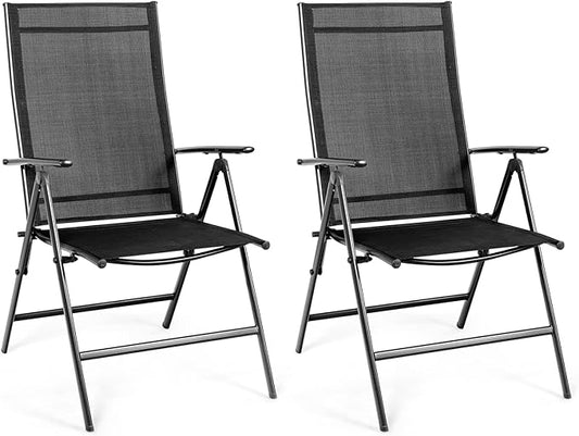 Tangkula Set of 2 Patio Foldable Dining Chairs, Outdoor Portable Camping Chairs with Armrest High Backrest, Folding Chairs for Porch, Poolside, Garden, Balcony, Backyard (Black)
