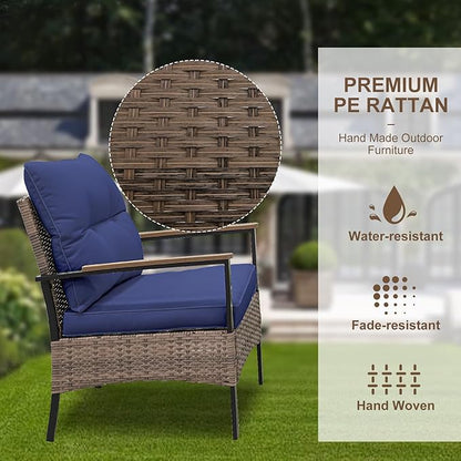 Sunset Escape Wicker Outdoor Furniture, Modern Sofa and Chair Set of 4, Rattan Patio Conversation Set, 2 Patio Chairs, Loveseat and Coffee Table, Brown/Blue