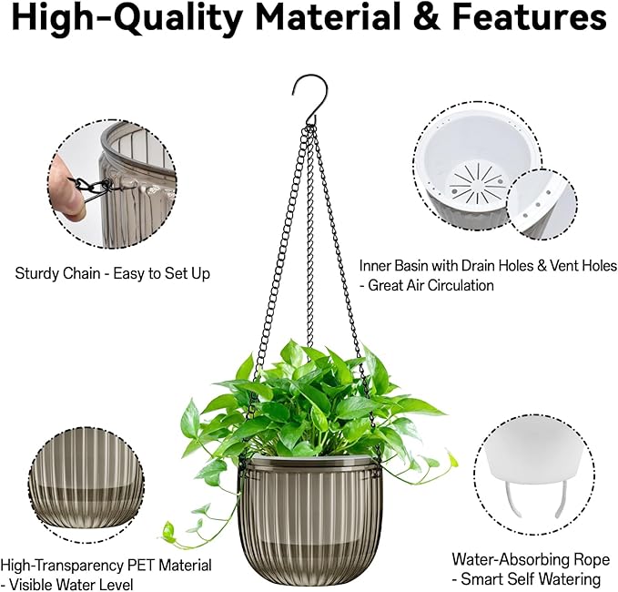 Halatool 2 Pack Hanging Planters Indoor Plant Pots, 6.5" & 8.3" Self Watering Hanging Basket Flower Pot, Translucent Plant Hanger with Drainage Holes for Garden Home Wall Decor (Starry Gray)