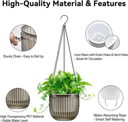 Halatool 2 Pack Hanging Planters Indoor Plant Pots, 6.5" & 8.3" Self Watering Hanging Basket Flower Pot, Translucent Plant Hanger with Drainage Holes for Garden Home Wall Decor (Starry Gray)