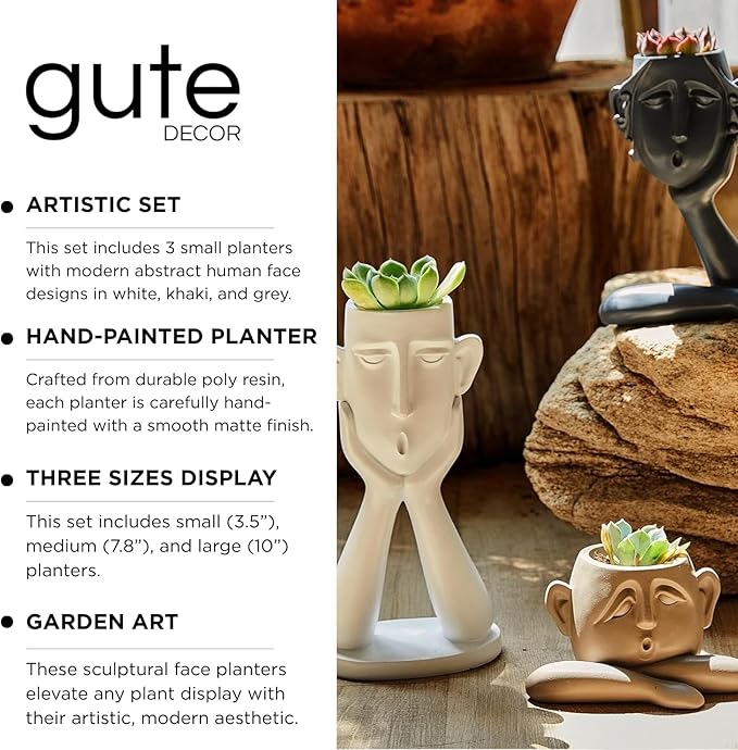 GUTE Human Face Shaped Succulent & Flower Planter Pots - Set of 3- Figurines for Garden - Indoor Outdoor Decorative Garden Figurines, Drainage Holes for Plants Artistic - White, Khaki, Grey