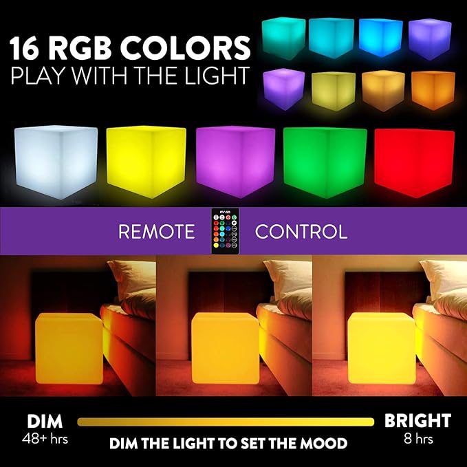 Mr.Go 12-inch LED Ball Light and 12-inch LED Cube Light Bundle, Rechargeable, Remote Control, Dimmable 16 RGB Colors 4 Modes, Waterproof, Great as Night Light Mood Lamp Ambient Lighting Decorations