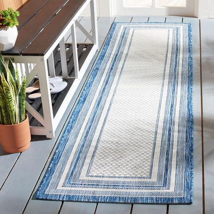 SAFAVIEH Washable Rug Outdoor Courtyard Collection - 2'3" x 6'7" Runner, Ivory & Navy, Non-Shedding & Easy Cleaning, Ideal for Patio, Entryway, Mudroom, Hallway, Kitchen (CY8475-53412)