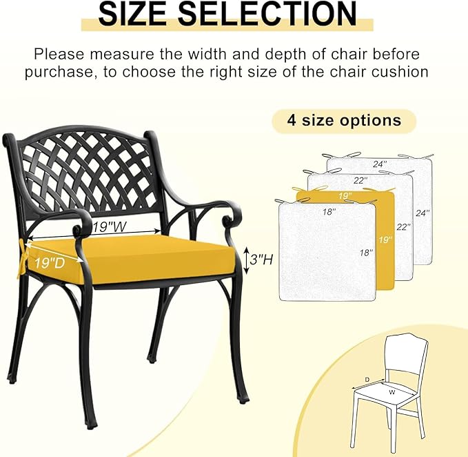 downluxe Waterproof Outdoor Chair Cushions Set of 2, 19" x 19" x 3" Patio Chair Cushion with Non-Slip Ties & Handle, Square Outdoor Cushion for Patio Furniture with Removable Cover, Yellow