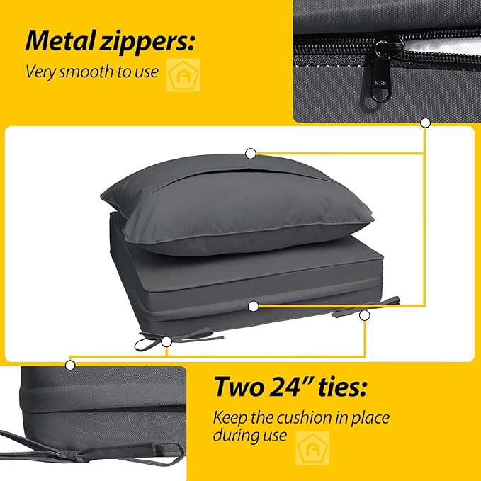 AAAAAcessories Outdoor Seat Cushions for Chairs, Fade-Resistant, Waterproof Patio Furniture Replacement Cushions, 24" x 24" x 5" + 24" x 19", Dark Gray