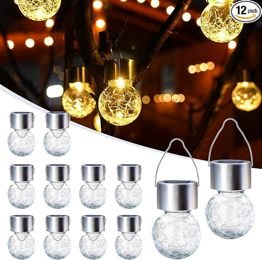 GIGALUMI Solar Lights Outdoor Waterproof, 12 Pack Solar Hanging Lights Garden Decor, Gifts for Women, Solar Outdoor Lantern Waterproof Cracked Glass for Yard, Fence, Tree(Warm White)