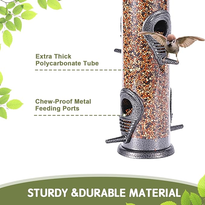 Metal Bird Feeder Tube Hanging Wild Bird Seed Feeder Aluminum Six Port Bird Feeders,1.4 mm Extra Thick Solid Tube Transparent with Steel Hanger Great for Attracting Birds (Grey 2PK)