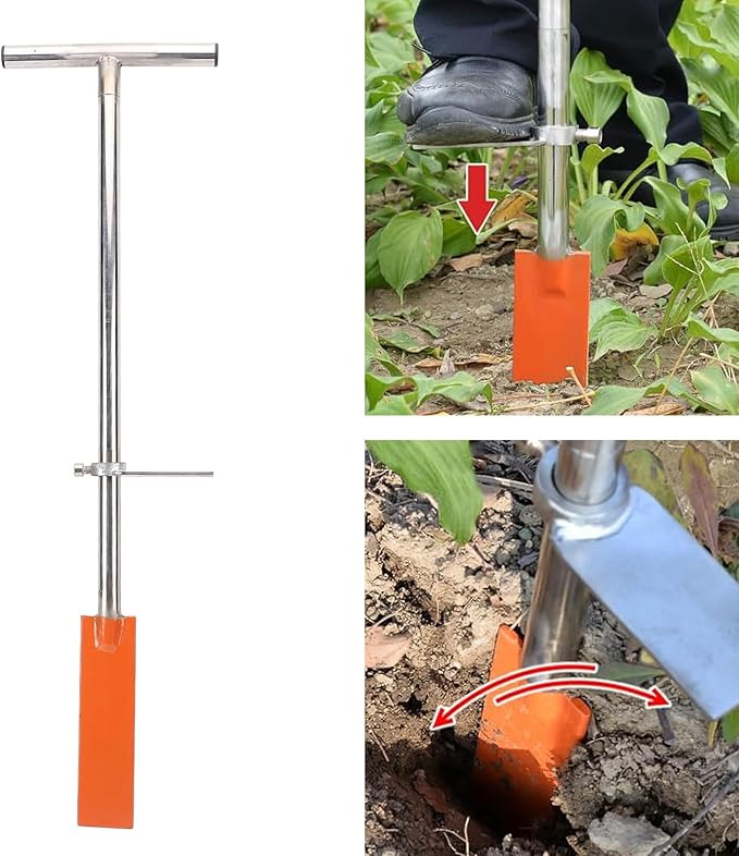 Tyenaza Spade Shovel, Dibble Bar Planting Tool with Foot Pedal Stainless Steel T Handle Spade Shovel for Digging Transplanting Gardening