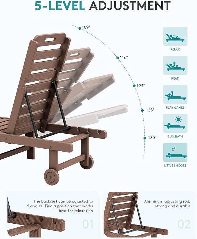 SERWALL Patio Chaise Lounge Set of 2, Outdoor Lounge Chair with 5 Positions Adjustable Backrest, HDPE Lounger with Rolling Wheels & Cup Holder for Poolside, Beach, Garden, Brown