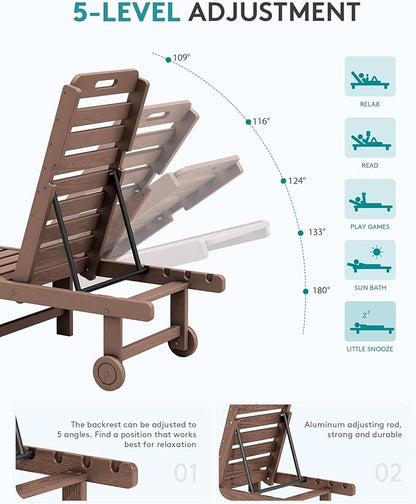 SERWALL Patio Chaise Lounge Set of 2, Outdoor Lounge Chair with 5 Positions Adjustable Backrest, HDPE Lounger with Rolling Wheels & Cup Holder for Poolside, Beach, Garden, Brown