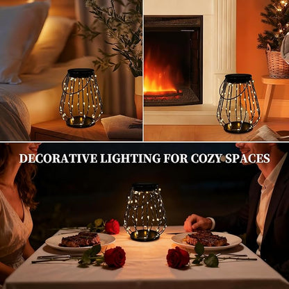 Solar Lanterns Outdoor Hanging, 2 Pack Metal Cage Lanterns with Warm White LED String Lights, Waterproof Solar Powered Decorative Lights for Patio, Garden, Porch, Balcony & Holiday Gifts