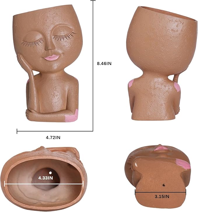 Cute Girl Face Plant Pot Resin Succulent Flower Pot Head Planter Pot for Home Decor Large Plant Holder with Drainage Hole for Indoor and Outdoor