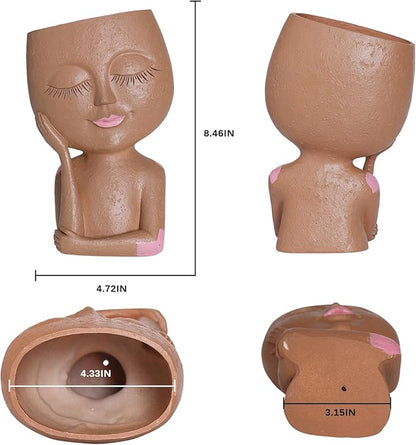 Cute Girl Face Plant Pot Resin Succulent Flower Pot Head Planter Pot for Home Decor Large Plant Holder with Drainage Hole for Indoor and Outdoor