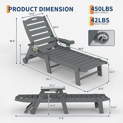 PeakPursuit HDPE Chaise Lounge Outdoor with Rolling Wheels, Oversize 5-Position Patio Lounge Chair with Cup Holder, Resin Pool Lounger Chair