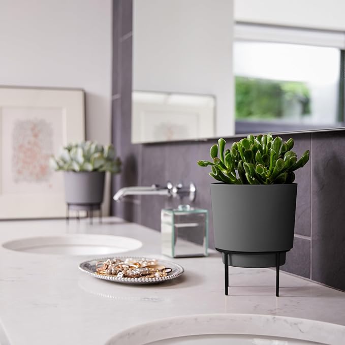 Bloem Hopson Decorative Resin Cachepot with Metal Stand, 6" Indoor and Outdoor Planter with Black Metal Stand, Charcoal