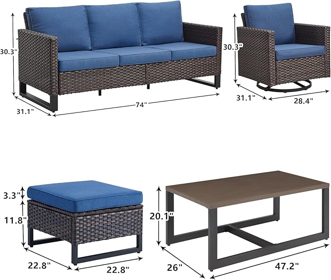 Rilyson Wicker Outdoor Patio Furniture Set - 6 Piece Patio Conversation Set with 2 Swivel Rocker Chairs,2 Rattan Ottoman,1 Couch and 1 Metal Coffee Table for Outside Porch Deck Backyard(Brown/Blue)