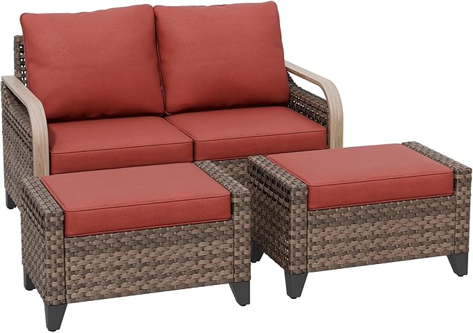 COOS BAY Modern Wicker Outdoor Furniture Set, Patio Conversation Set with 2 Seat Loveseat, and Ottomans, 3 Piece, Brown/Red
